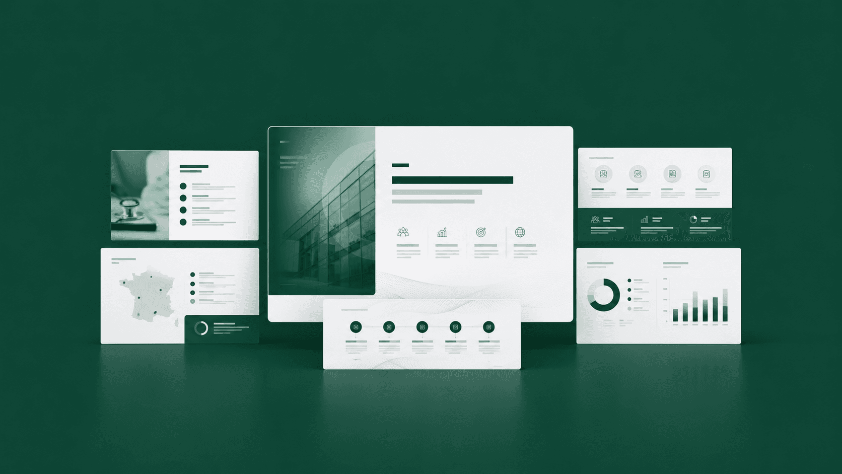 Confidential corporate pitch deck and branding templates for a French healthcare consultancy