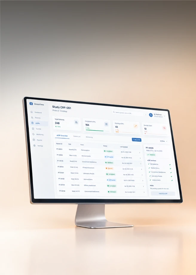 Interface EDC de saisie et tableau de bord de monitoring clinique